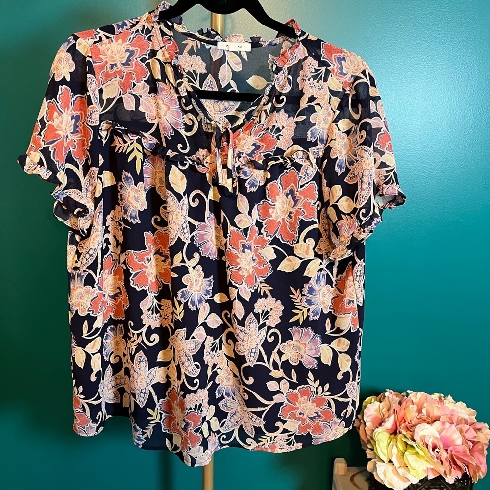 Pleione Black Short Sleeve Blouse with Mandarin Collar